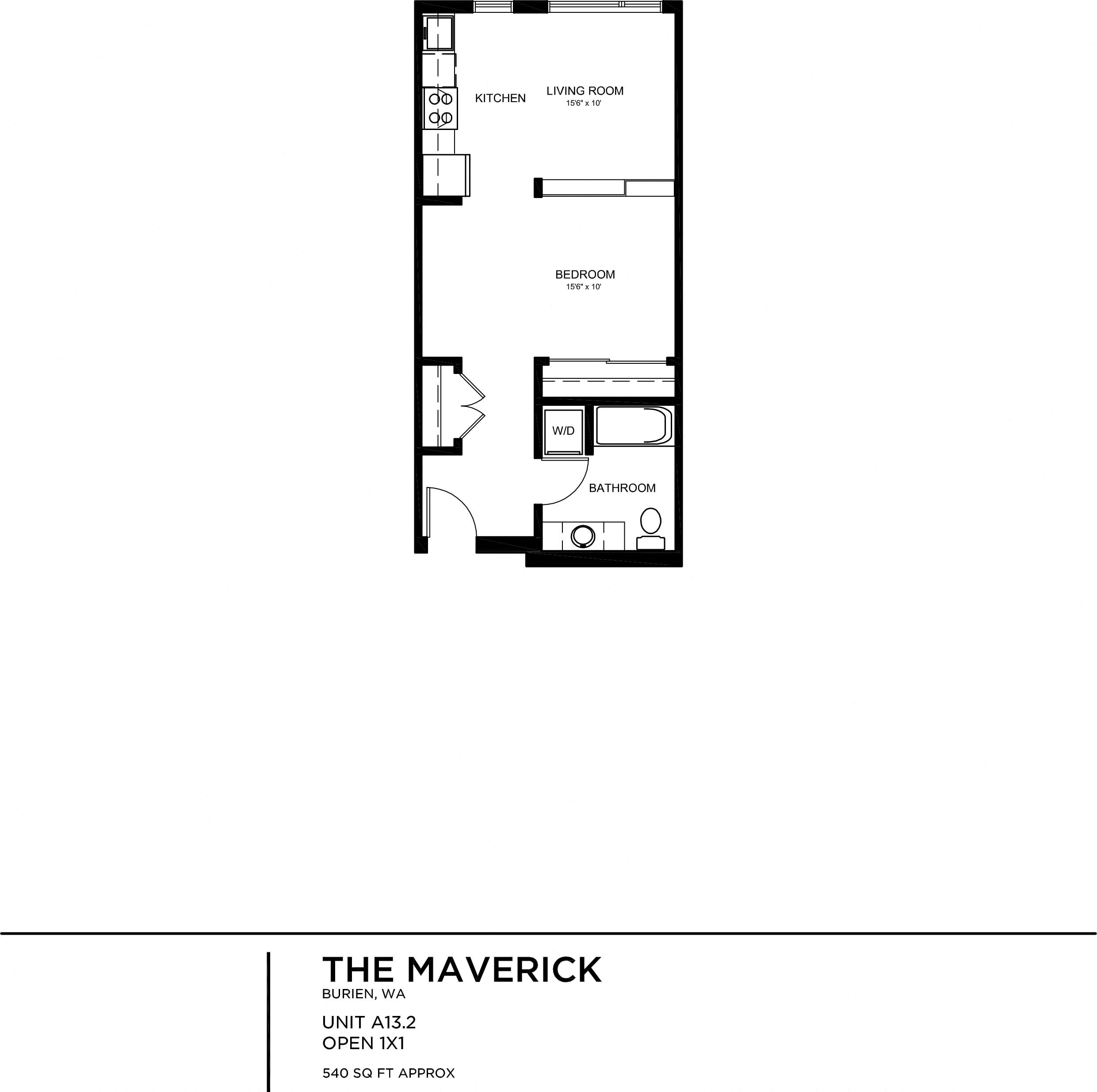 Floor plan for 1 bed, 1 bath, 542 sqft